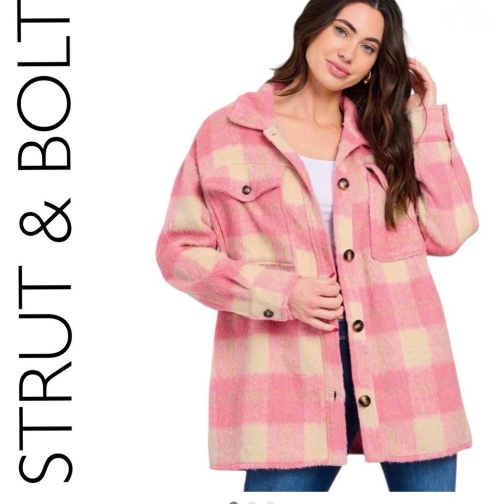 NWT Strut & Bolt Pink Plaid Teddy Shacket Jacket